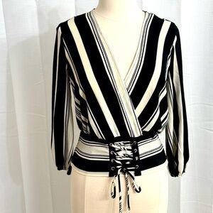 OLM Women's Black and White Long Sleeve V-Neck Blouse, Front Lace Detail, Size M